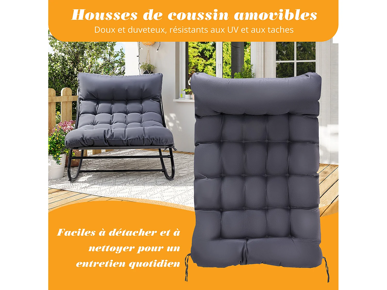 Fauteuil salon relax, transat jardin réversible, chaise longue balcon acier, 2 places avec repose-pieds, Gris