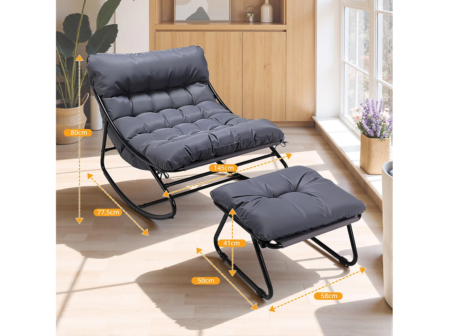 Fauteuil salon relax, transat jardin réversible, chaise longue balcon acier, 2 places avec repose-pieds, Gris