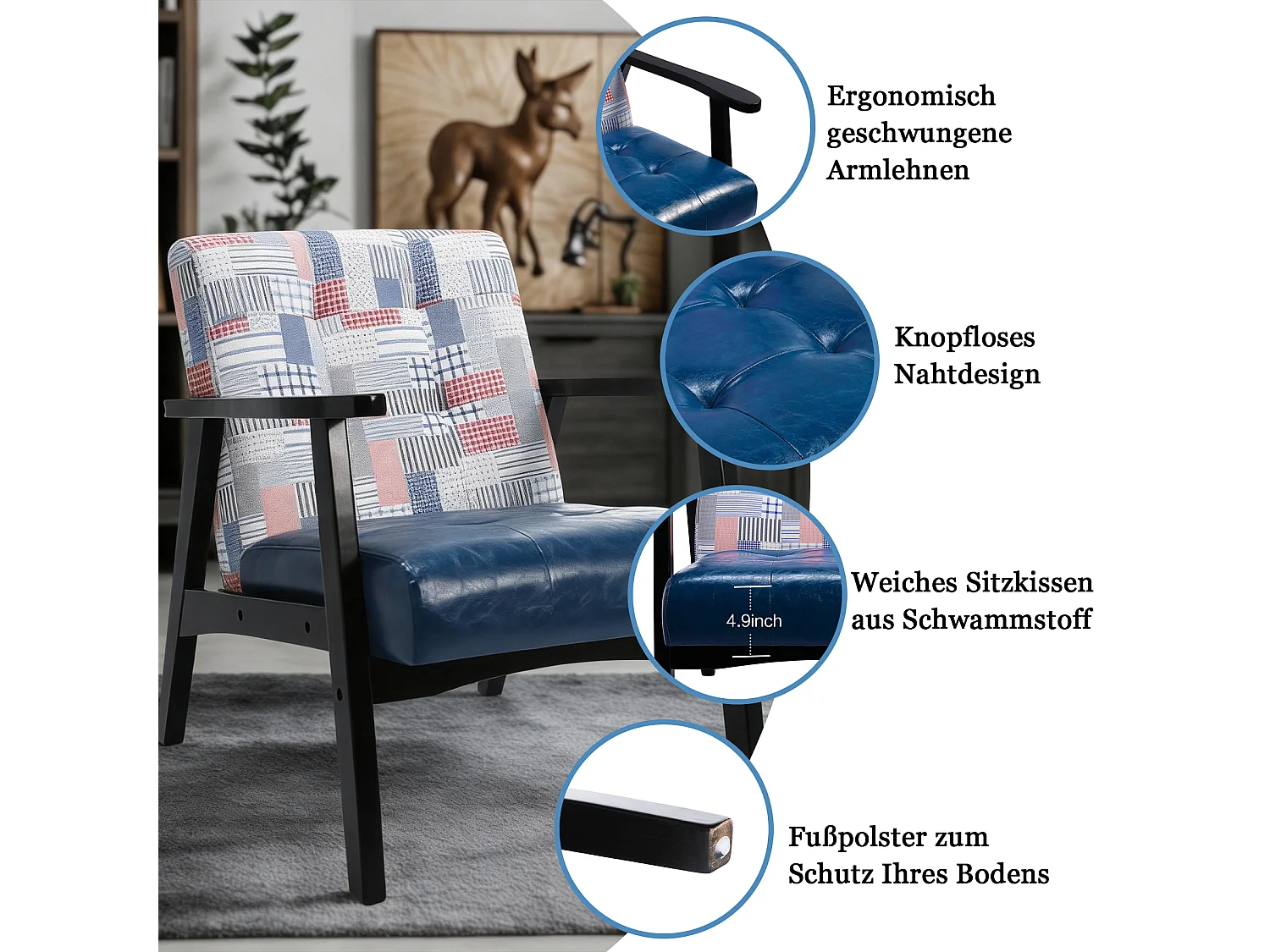 Fauteuil rétro en bois, fauteuil de salon, fauteuil rembourré avec accoudoirs, fauteuil rétro avec cadre en bois de style médiéval, chaise design en simili cuir et