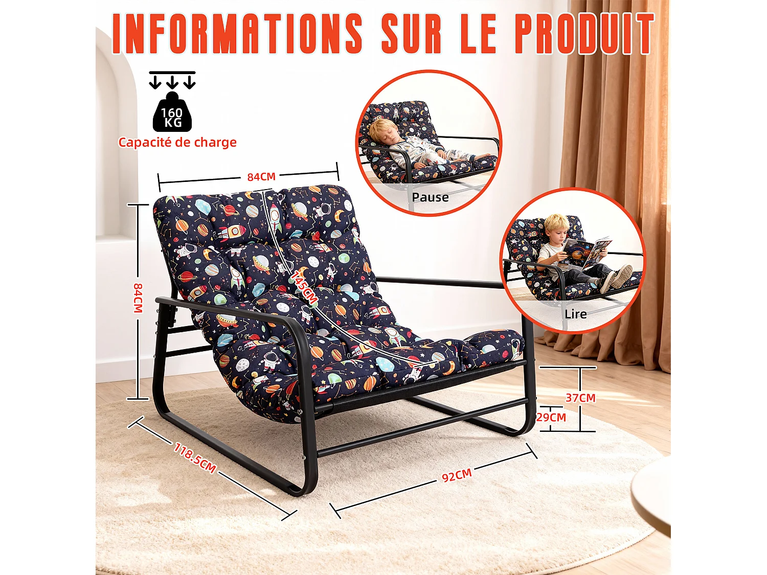 Fauteuil Relax 2 places réversible style transat, chaise longue en acier pour balcon avec motif étoilé