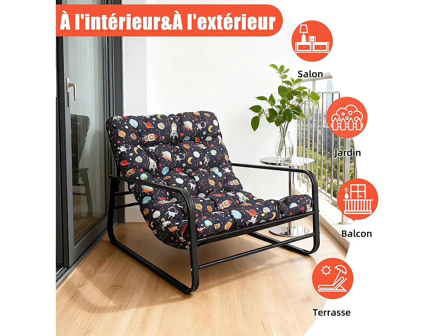 Fauteuil Relax 2 places réversible style transat, chaise longue en acier pour balcon avec motif étoilé