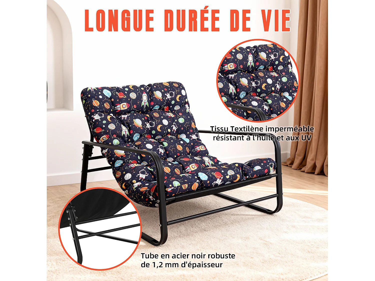 Fauteuil Relax 2 places réversible style transat, chaise longue en acier pour balcon avec motif étoilé