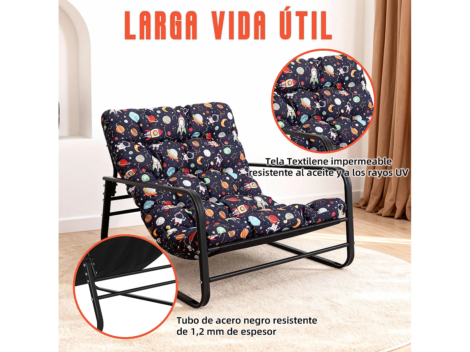 Fauteuil Relax 2 places réversible style transat, chaise longue en acier pour balcon avec motif étoilé