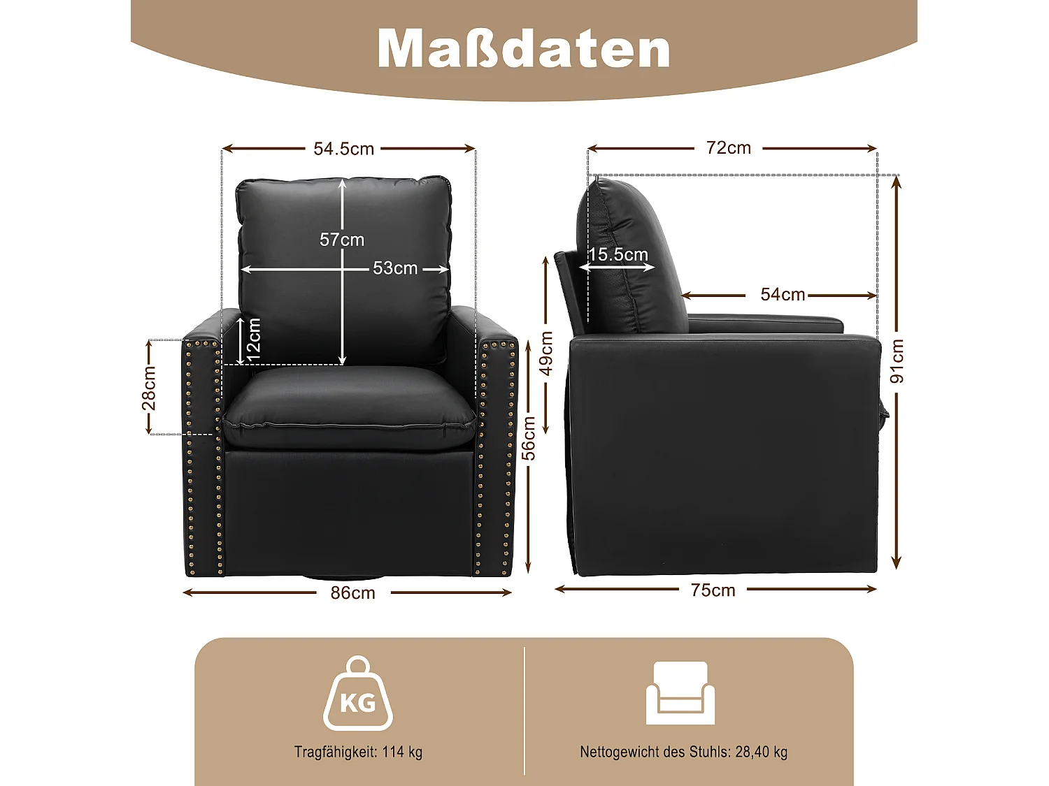 Fauteuil HomeMiYN Individuel Pivotant 360°, Relax Giratoire avec Appui-tête pour Salon, Chambre et Bureau, Grand et Confortable - Noir