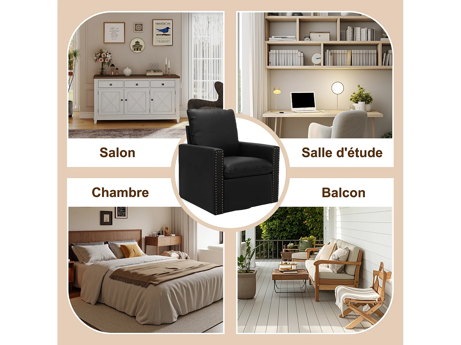 Fauteuil HomeMiYN Individuel Pivotant 360°, Relax Giratoire avec Appui-tête pour Salon, Chambre et Bureau, Grand et Confortable - Noir