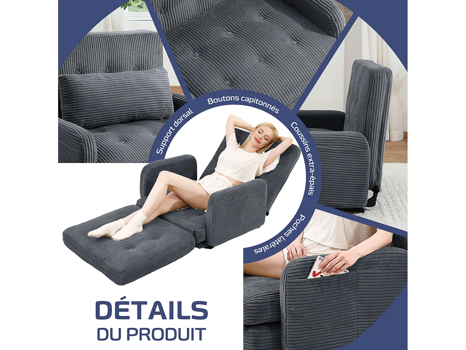 Canapé Modulable 4-en-1 en Cordon - Confort Salon, Relax et Lit Rapide pour un Intérieur Polyvalent