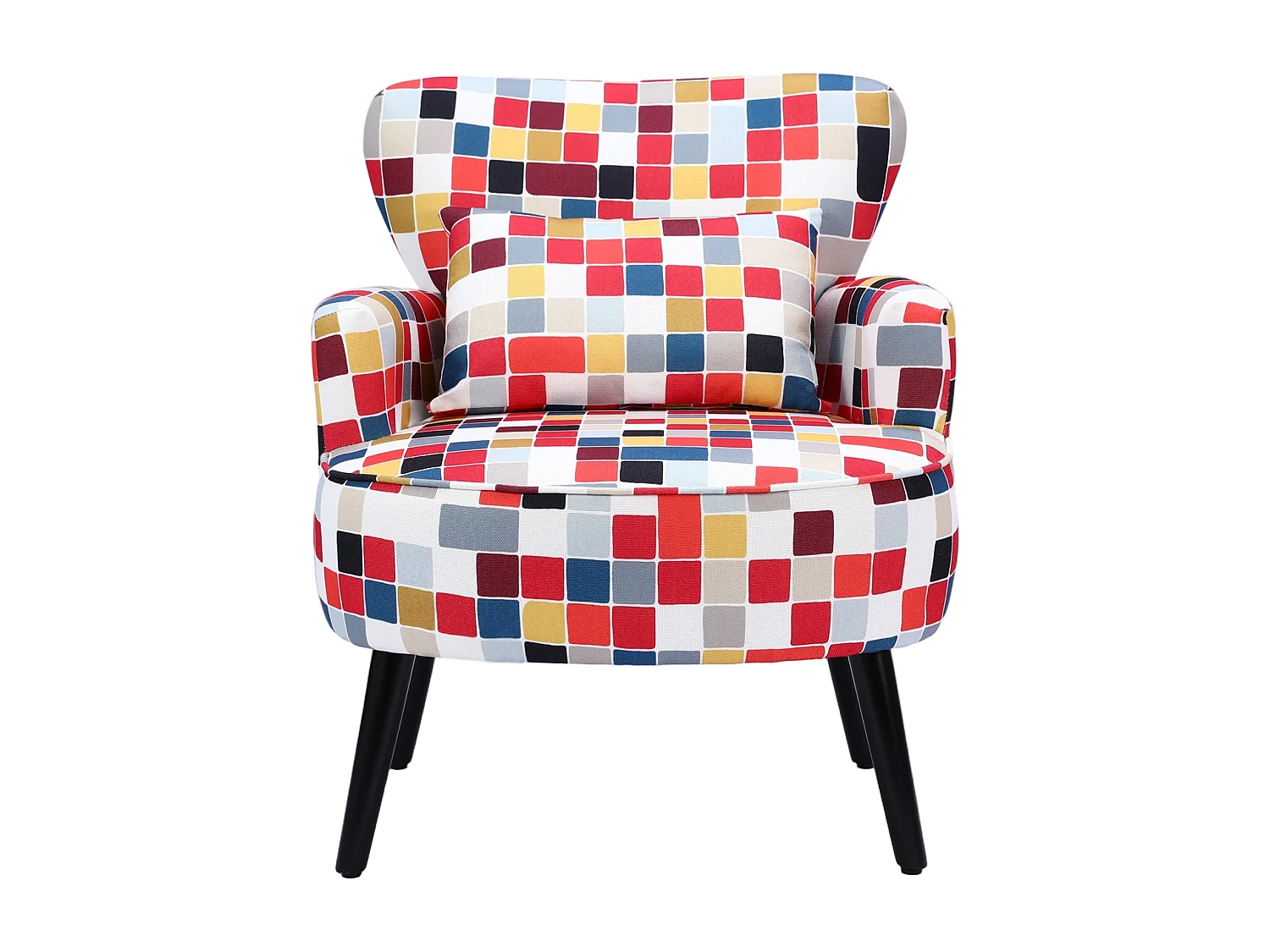 HomeMiYN Fauteuil, Rood Mozaïek, Linnen look stof, Metalen frame, Houten poten, 76 x 62 x 73 cm