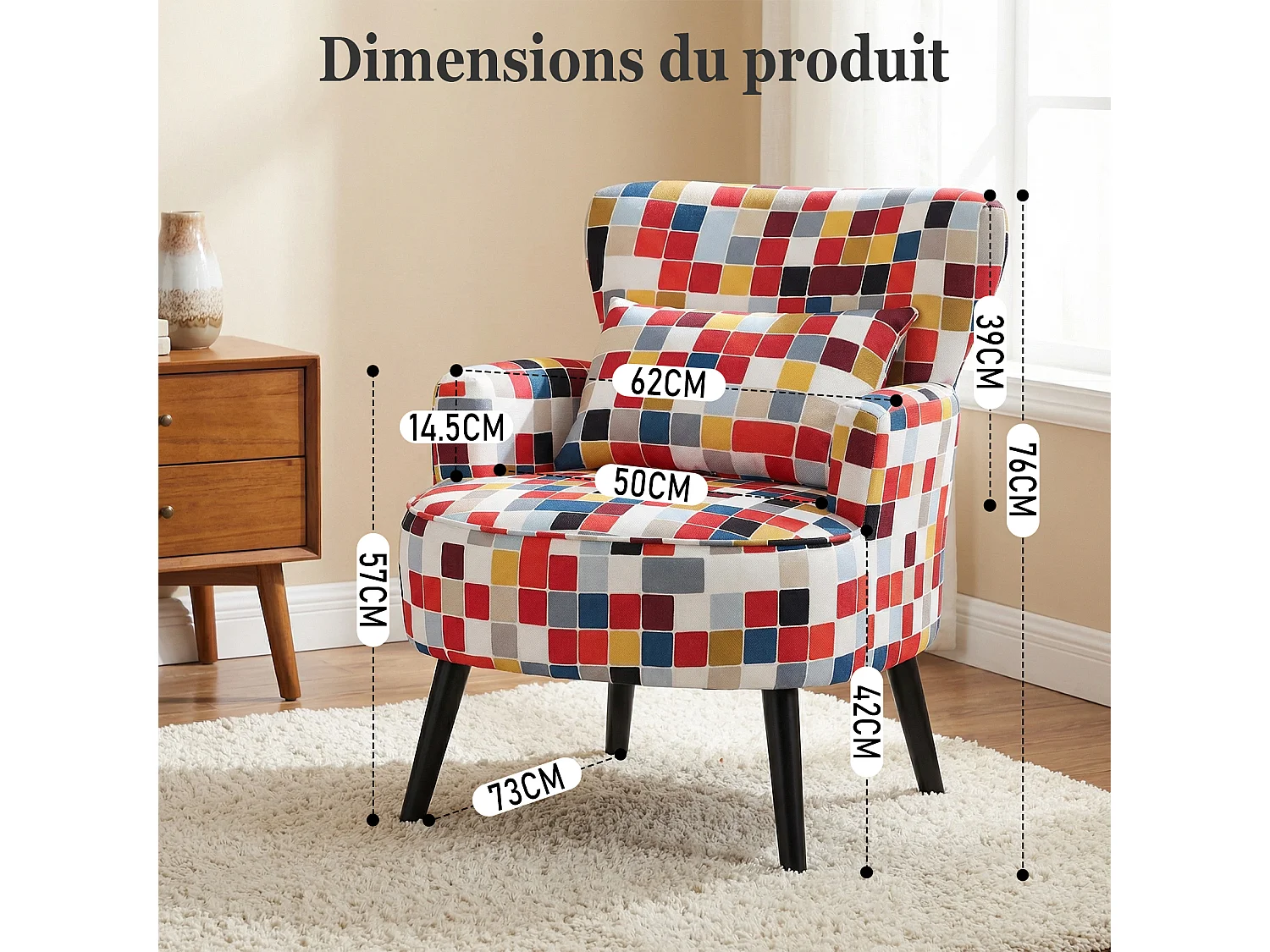 HomeMiYN Fauteuil, Rood Mozaïek, Linnen look stof, Metalen frame, Houten poten, 76 x 62 x 73 cm