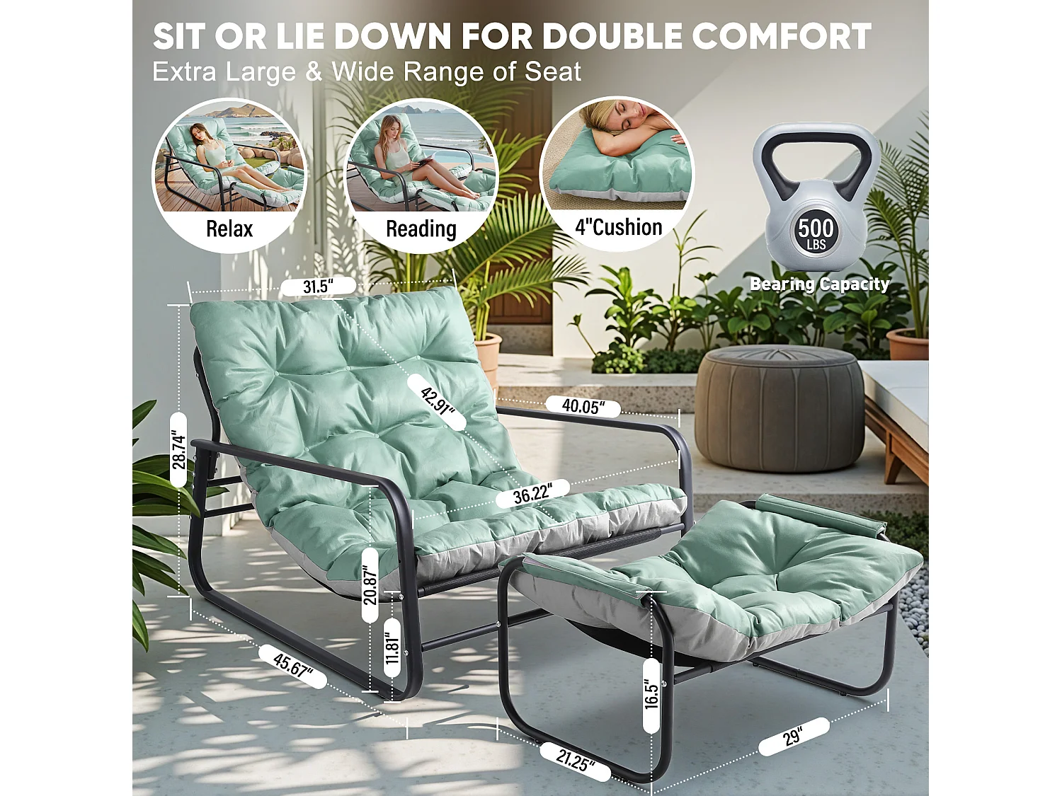 Waterdichte en duurzame tweezitsfauteuil, Tuinligstoel met afneembaar kussen en afzonderlijke voetsteun, Buitenligstoel voor woonkamer, balkon, terras, patio