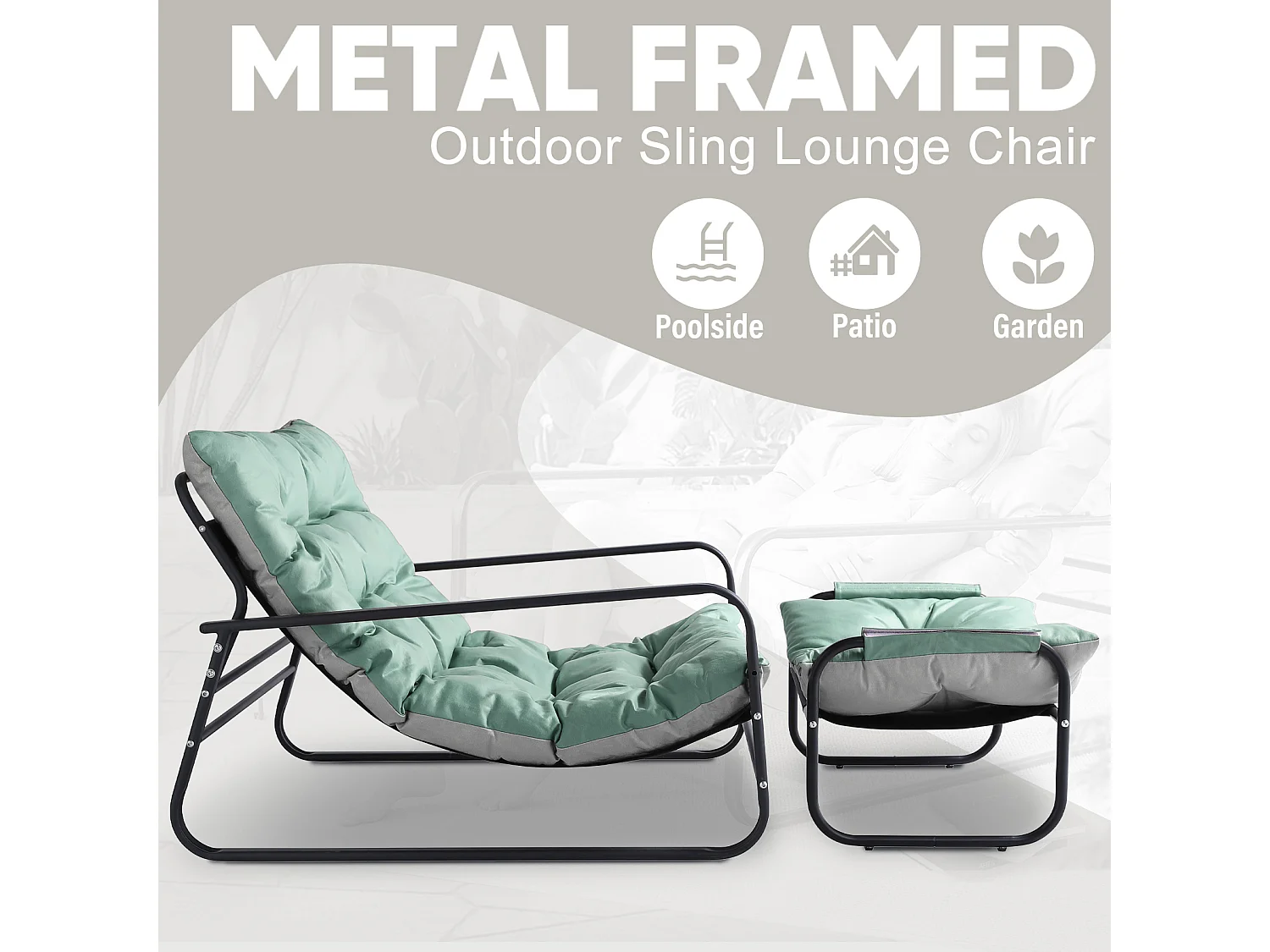 Waterdichte en duurzame tweezitsfauteuil, Tuinligstoel met afneembaar kussen en afzonderlijke voetsteun, Buitenligstoel voor woonkamer, balkon, terras, patio