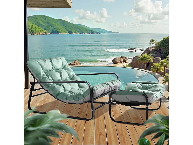 Canapé en tube d'acier, 2 places réversible style transat, chaise longue pour balcon avec repose-pieds