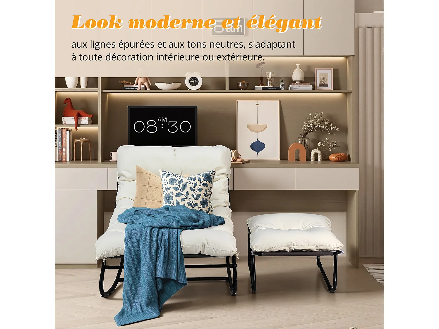 Fauteuil salon relax, transat jardin réversible, chaise longue balcon acier, 2 places avec repose-pieds, Blanc