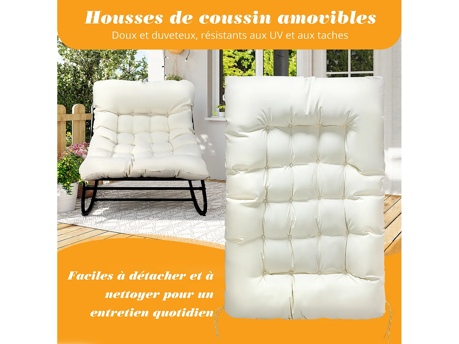 Fauteuil salon relax, transat jardin réversible, chaise longue balcon acier, 2 places avec repose-pieds, Blanc