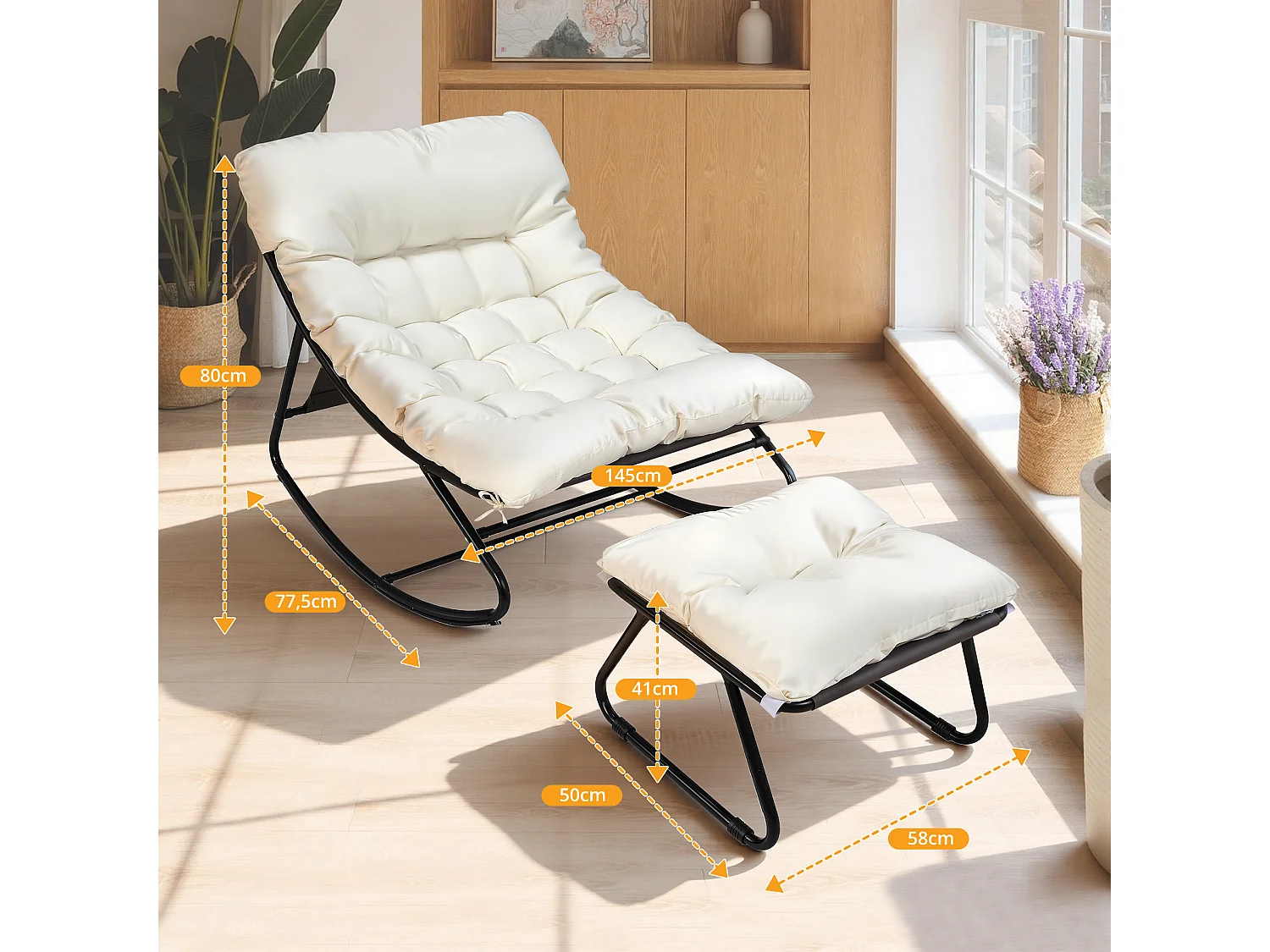 Fauteuil salon relax, transat jardin réversible, chaise longue balcon acier, 2 places avec repose-pieds, Blanc