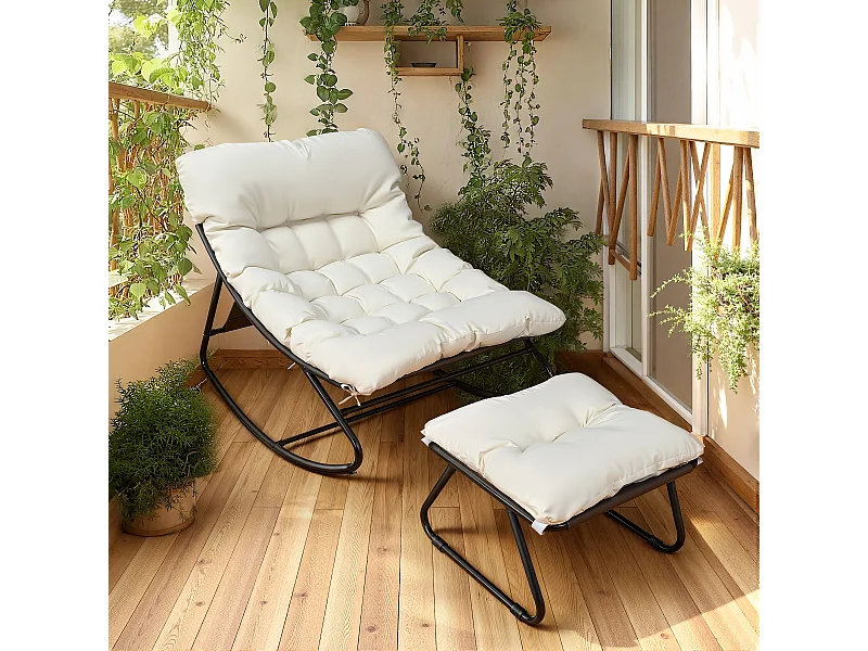 Fauteuil salon relax, transat jardin réversible, chaise longue balcon acier, 2 places avec repose-pieds, Blanc