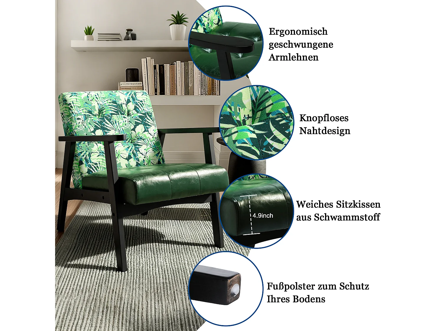 Fauteuil rétro en bois, fauteuil lounge pour le salon, fauteuil rembourré avec accoudoirs, chaise au design de cadre en bois du Moyen Âge en simili cuir et chêne, c