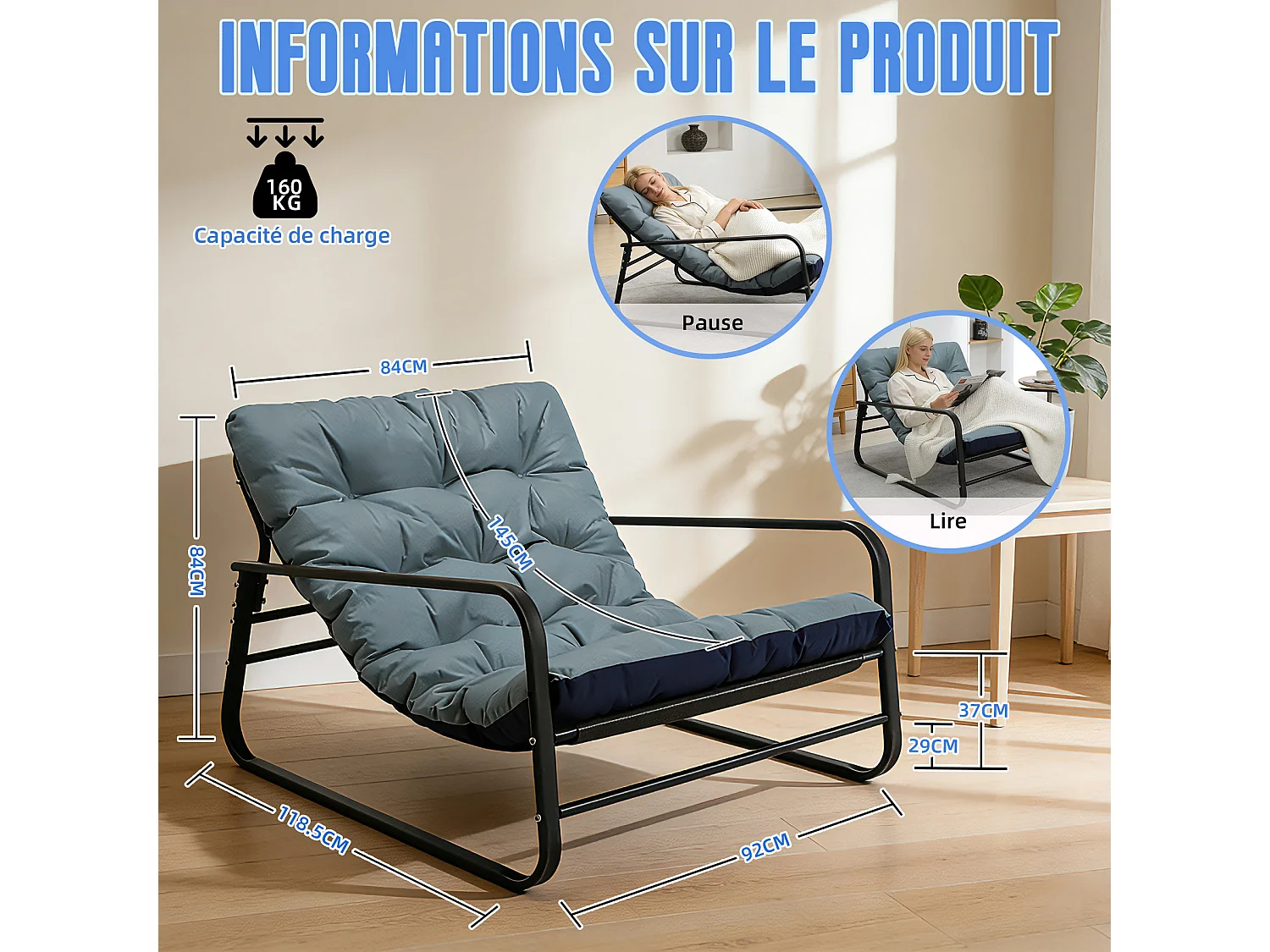 Fauteuil Relax 2 places réversible style transat, chaise longue en acier pour balcon avec bleu marine et bleu clair