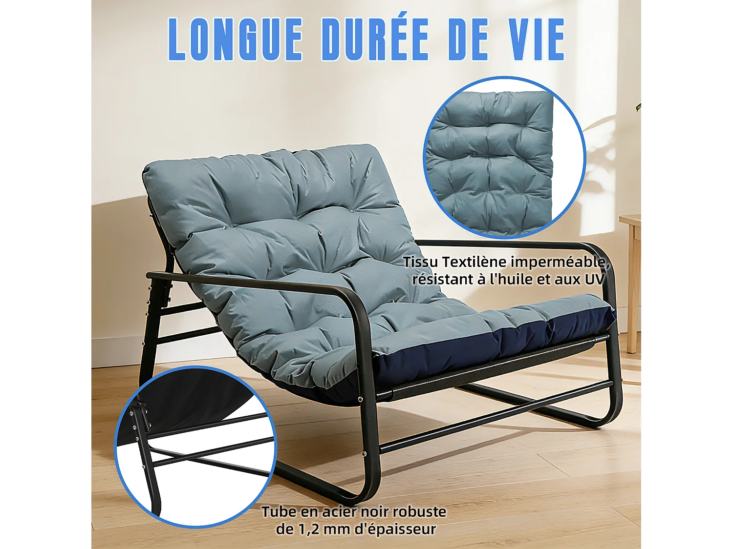 Fauteuil Relax 2 places réversible style transat, chaise longue en acier pour balcon avec bleu marine et bleu clair