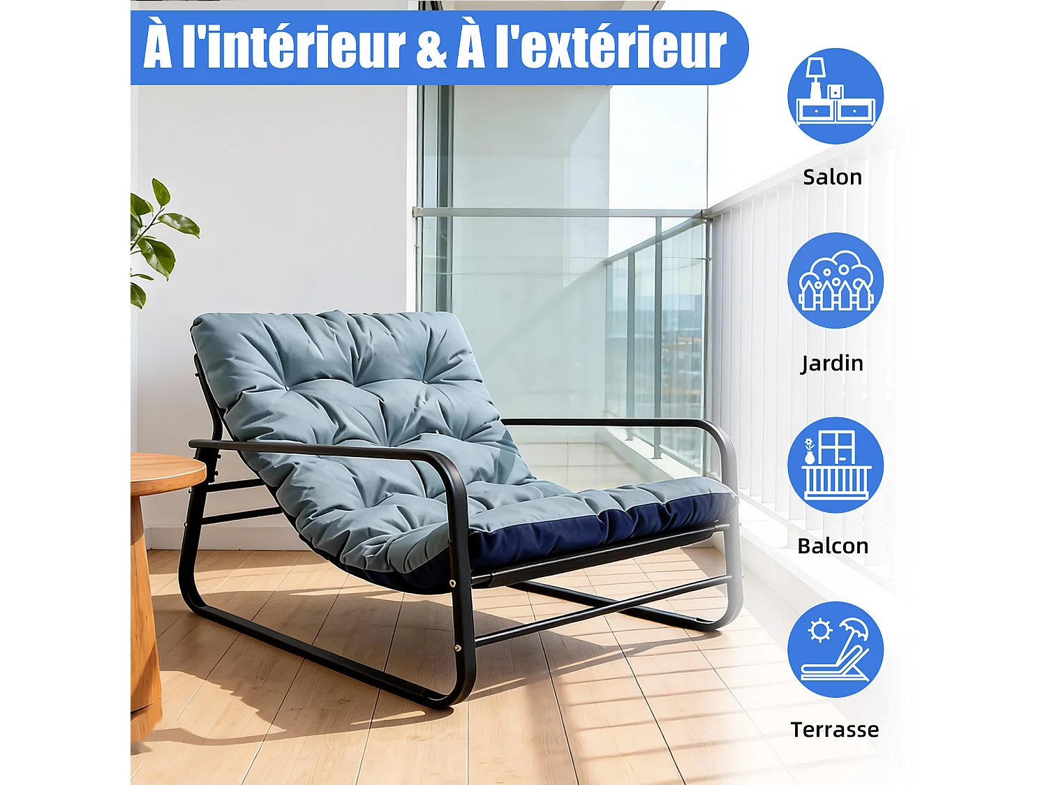 Fauteuil Relax 2 places réversible style transat, chaise longue en acier pour balcon avec bleu marine et bleu clair