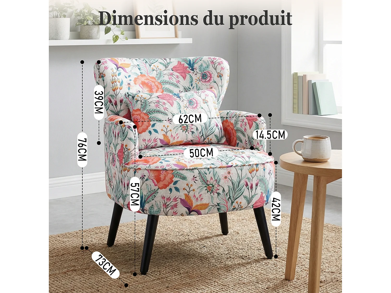 HomeMiYN Fauteuil, Oranje Bloem, Linnen look stof, Metalen frame, Houten poten, 76 x 62 x 73 cm