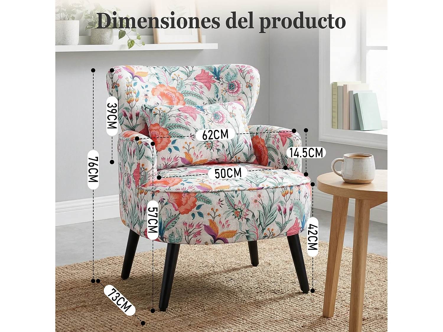 HomeMiYN Fauteuil, Oranje Bloem, Linnen look stof, Metalen frame, Houten poten, 76 x 62 x 73 cm