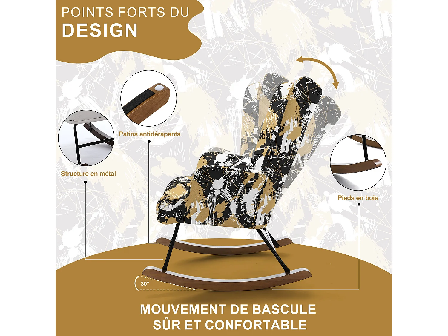 Fauteuil à bascule pour chambre d'enfant, chaise d'accent avec coussin lombaire et pieds en bois, imprimé en tissu imitation lin avec motifs de graffitis lettres no