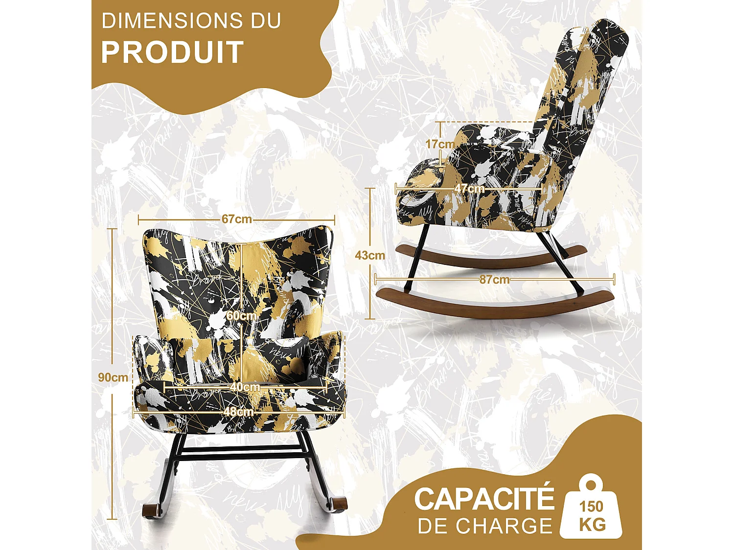 Fauteuil à bascule pour chambre d'enfant, chaise d'accent avec coussin lombaire et pieds en bois, imprimé en tissu imitation lin avec motifs de graffitis lettres no