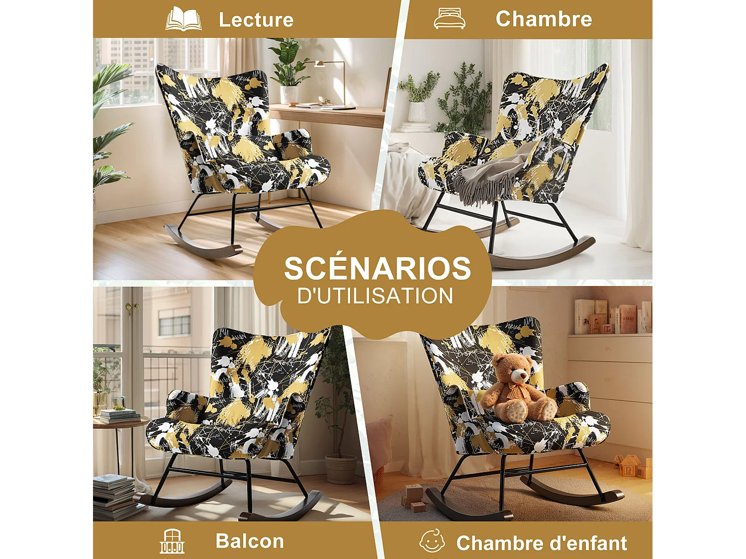 Fauteuil à bascule pour chambre d'enfant, chaise d'accent avec coussin lombaire et pieds en bois, imprimé en tissu imitation lin avec motifs de graffitis lettres no