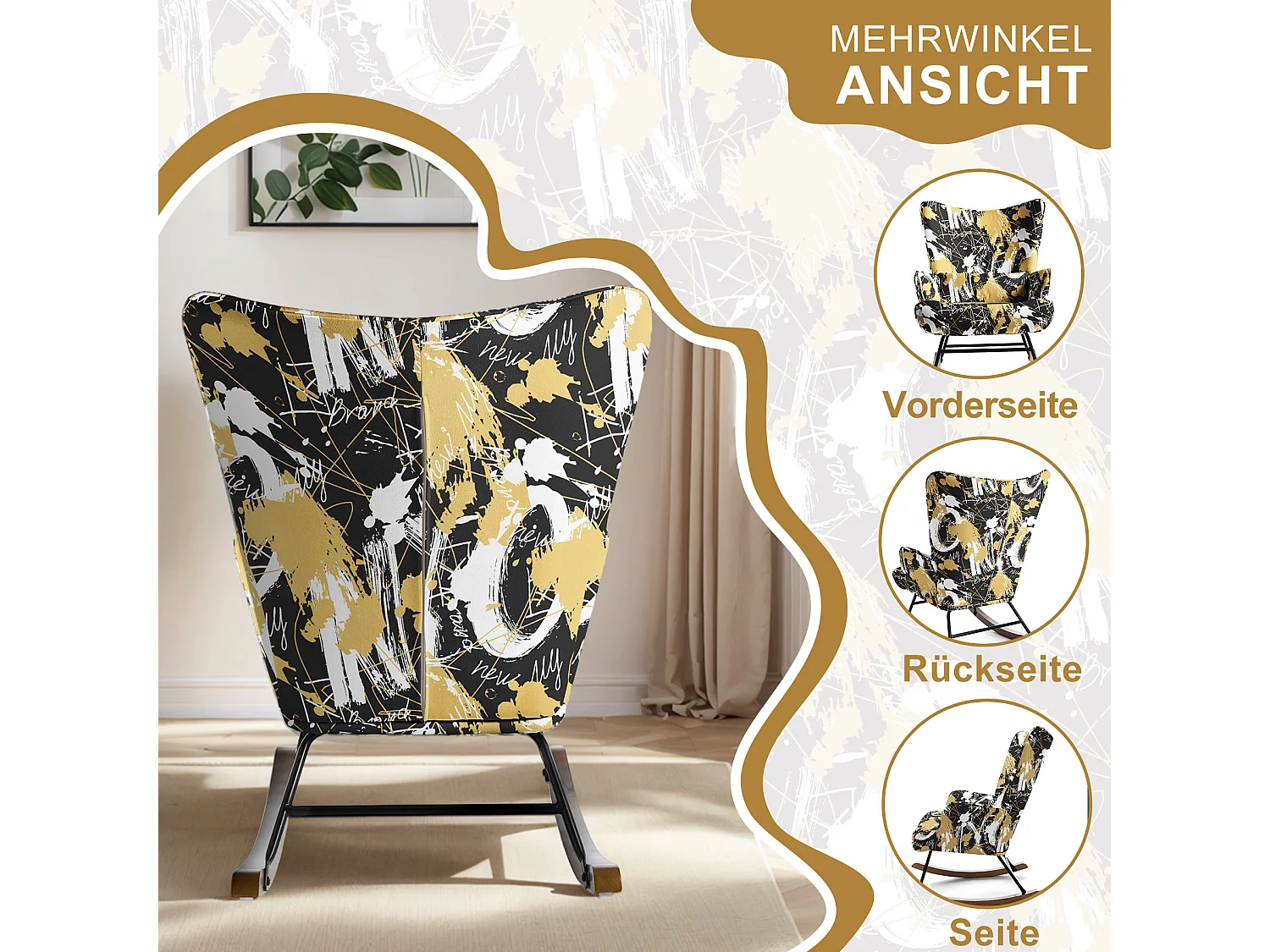 Fauteuil à bascule pour chambre d'enfant, chaise d'accent avec coussin lombaire et pieds en bois, imprimé en tissu imitation lin avec motifs de graffitis lettres no