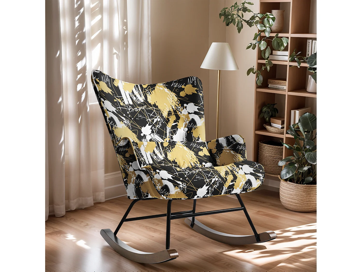 Fauteuil à bascule pour chambre d'enfant, chaise d'accent avec coussin lombaire et pieds en bois, imprimé en tissu imitation lin avec motifs de graffitis lettres no