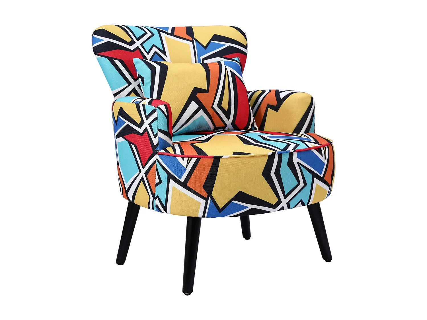 HomeMiYN Fauteuil, Geometrisch Graffiti, Linnen look stof, Metalen frame, Houten poten, 76 x 62 x 73 cm