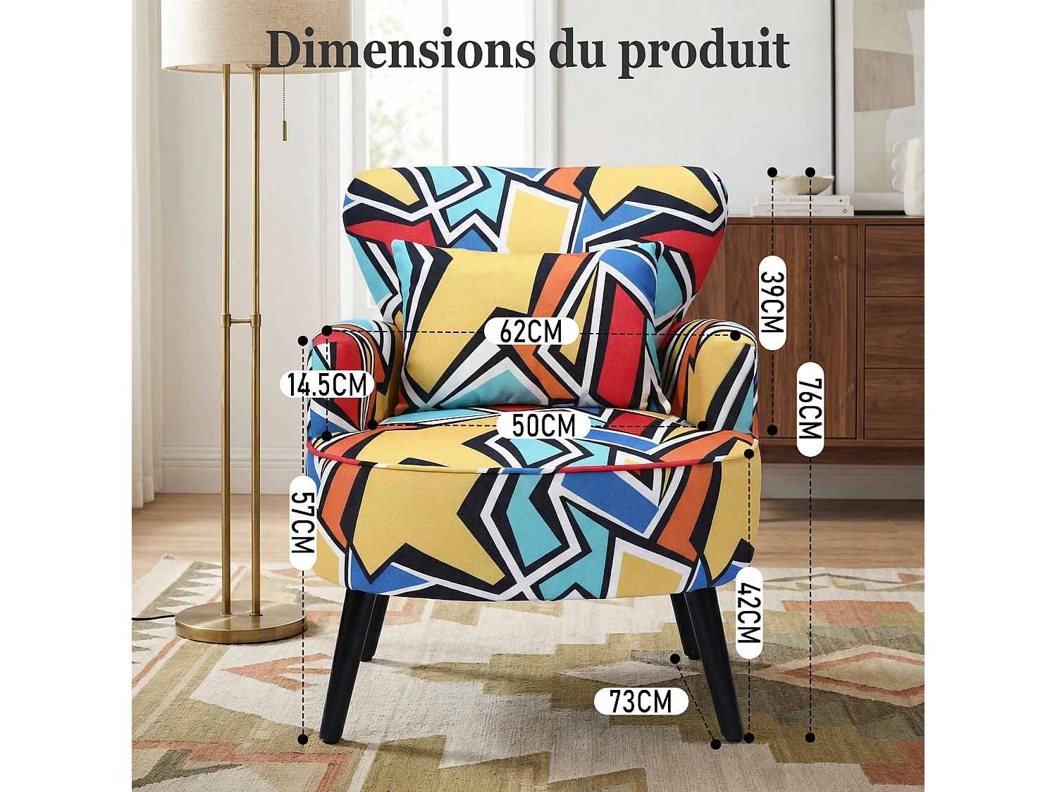 HomeMiYN Fauteuil, Geometrisch Graffiti, Linnen look stof, Metalen frame, Houten poten, 76 x 62 x 73 cm