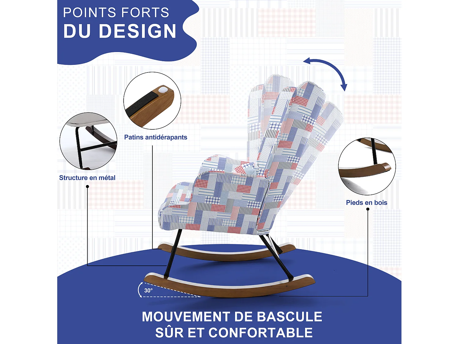 Fauteuil à bascule en patchwork pour le salon en velours avec cadre en métal et base en bois, imprimé en tissu imitation lin avec motifs à carreaux et rayures