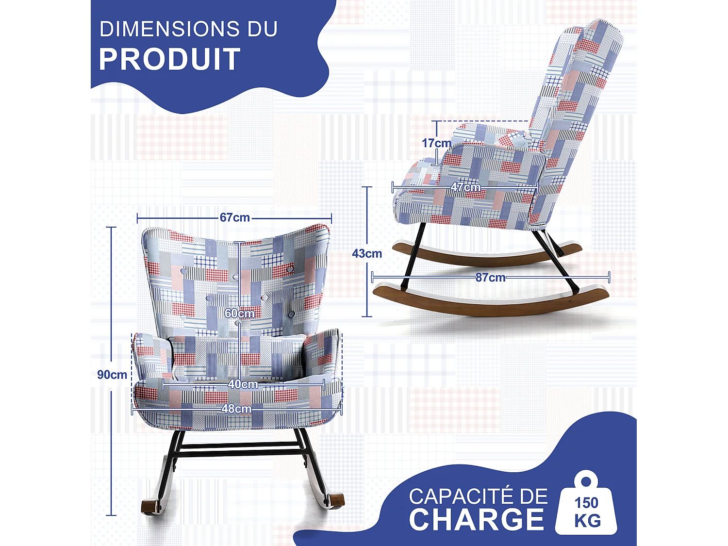 Fauteuil à bascule en patchwork pour le salon en velours avec cadre en métal et base en bois, imprimé en tissu imitation lin avec motifs à carreaux et rayures