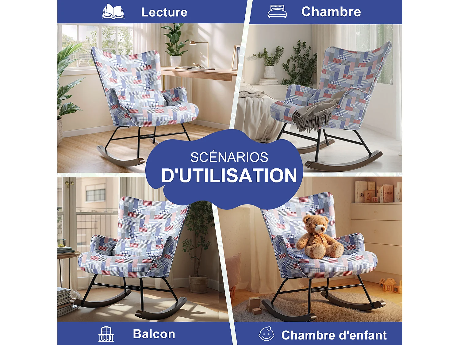 Fauteuil à bascule en patchwork pour le salon en velours avec cadre en métal et base en bois, imprimé en tissu imitation lin avec motifs à carreaux et rayures