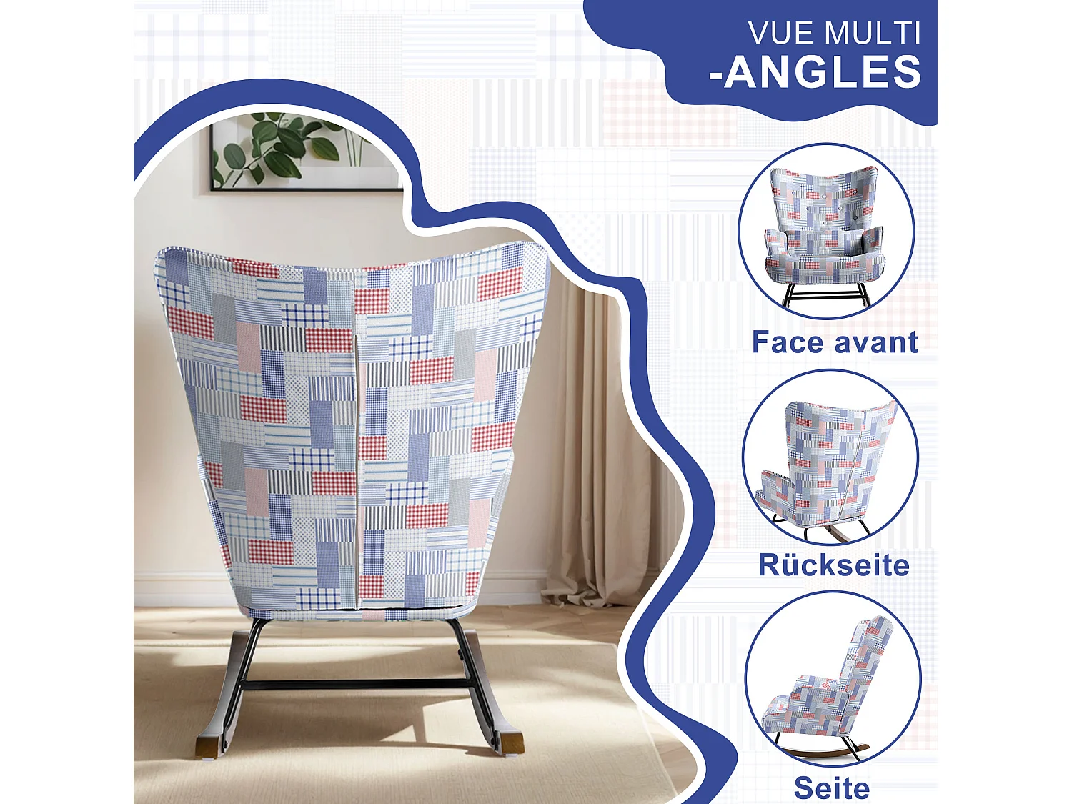 Fauteuil à bascule en patchwork pour le salon en velours avec cadre en métal et base en bois, imprimé en tissu imitation lin avec motifs à carreaux et rayures