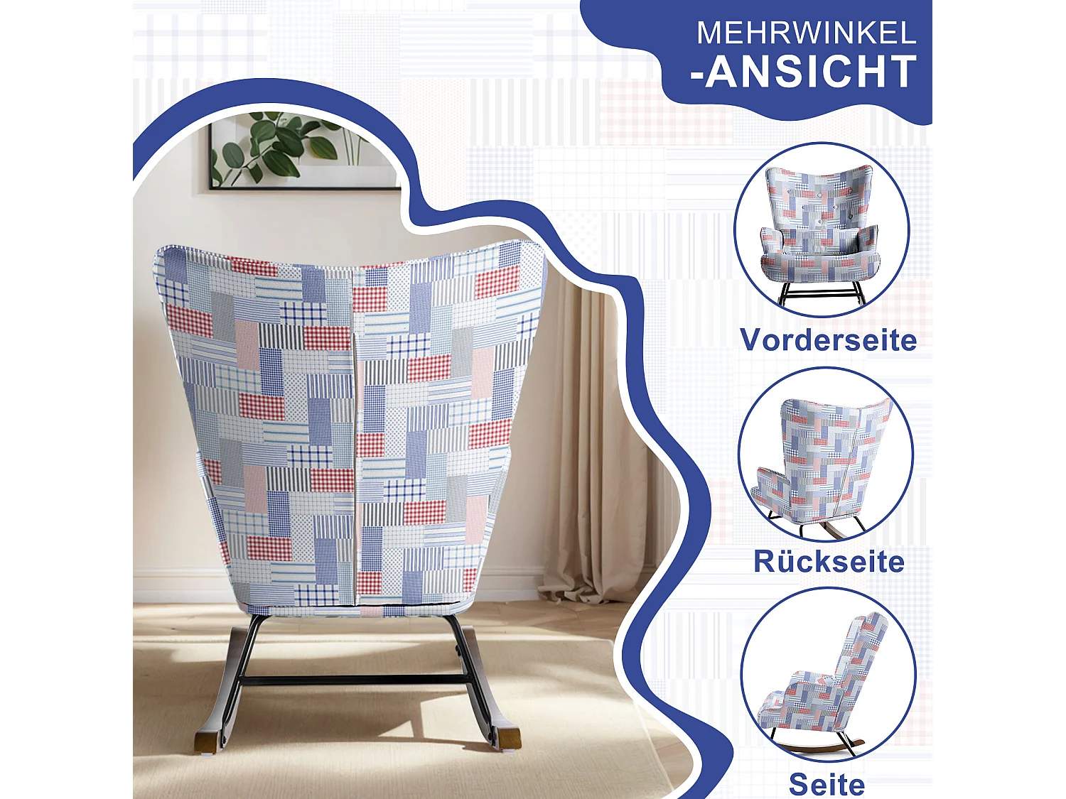 Fauteuil à bascule en patchwork pour le salon en velours avec cadre en métal et base en bois, imprimé en tissu imitation lin avec motifs à carreaux et rayures