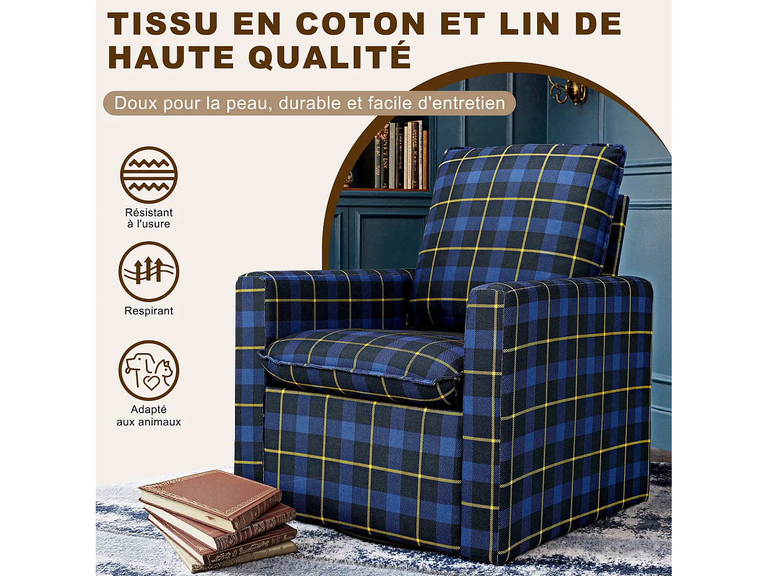 Canapé HomeMiYN - Fauteuil rotatif 360°, relaxant avec repose-tête - Pour salon, chambre et bureau - Grand et confortable - Bleu
