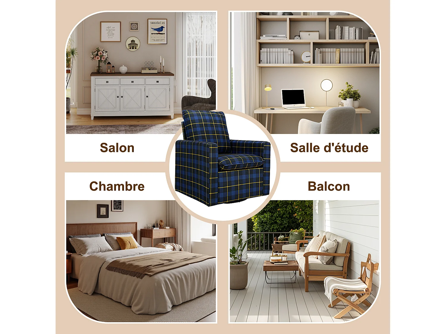 Canapé HomeMiYN - Fauteuil rotatif 360°, relaxant avec repose-tête - Pour salon, chambre et bureau - Grand et confortable - Bleu