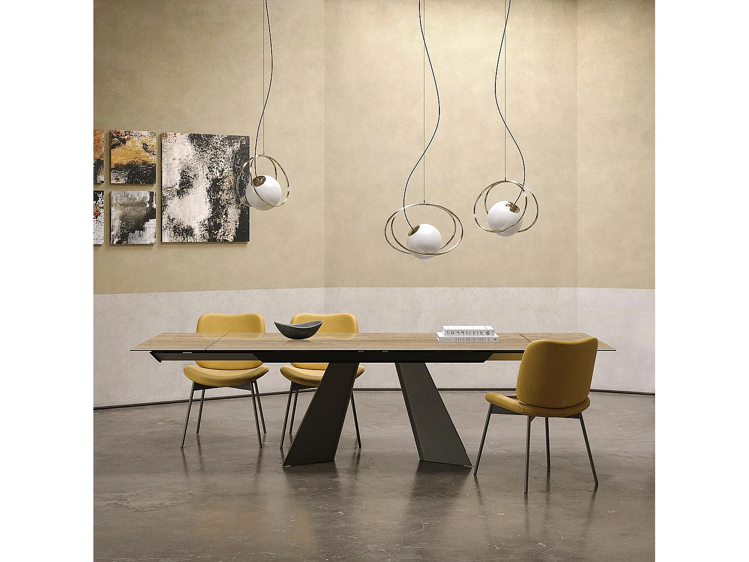 Table double travertin extensible - gris charbon, rectangulaire avec bord régulier, grès travertin en noyer