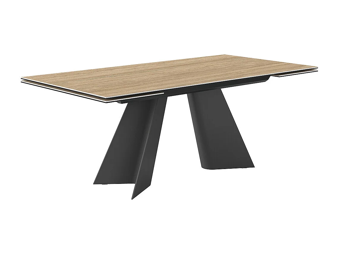 Table double travertin extensible - gris charbon, rectangulaire avec bord régulier, grès travertin en noyer