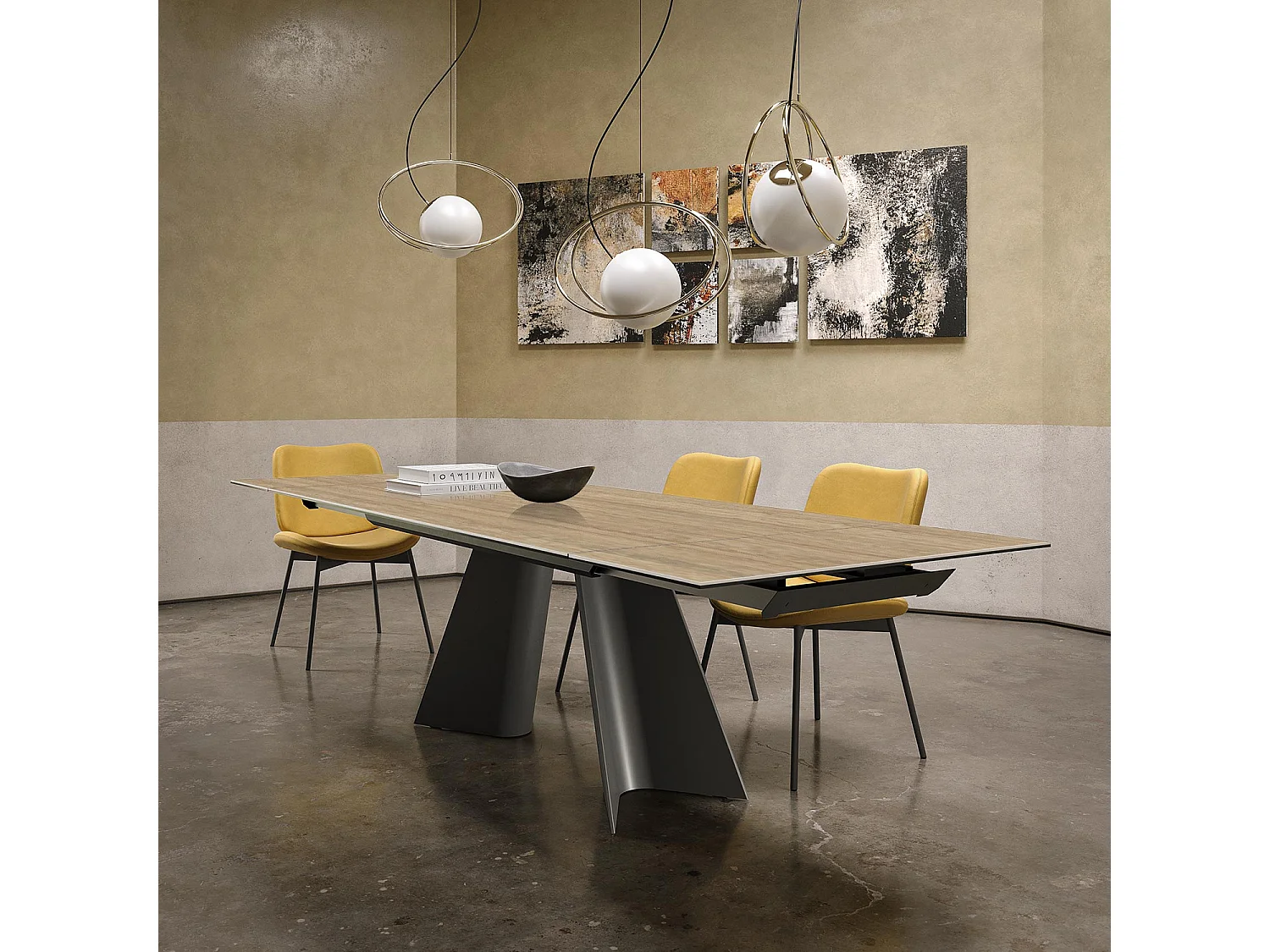 Table double travertin extensible - gris charbon, rectangulaire avec bord régulier, grès travertin en noyer