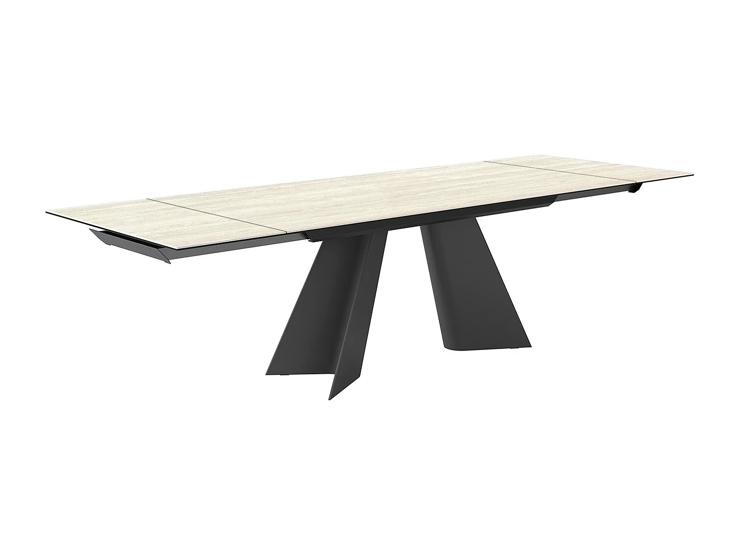 Table double travertin extensible - gris charbon, rectangulaire avec bord régulier, grès blanc en travertin