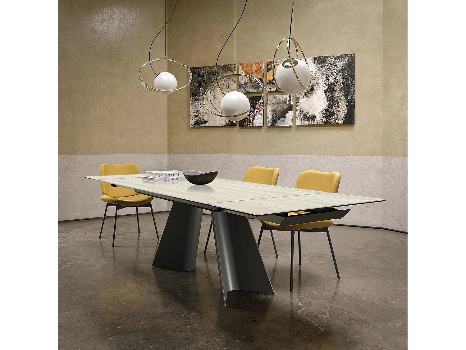 Table double travertin extensible - gris charbon, rectangulaire avec bord régulier, grès blanc en travertin