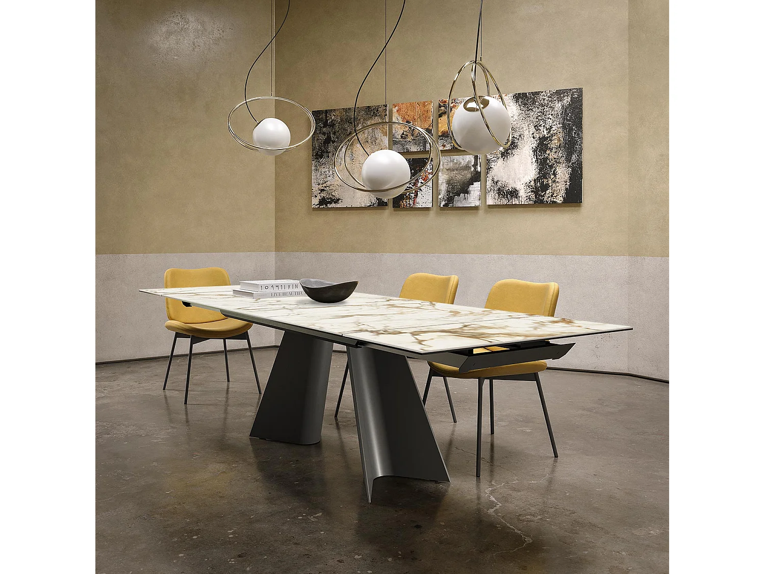 Table double extensible - gris charbon, rectangulaire avec bord régulier, plateau en porcelaine macchiavecchia mate