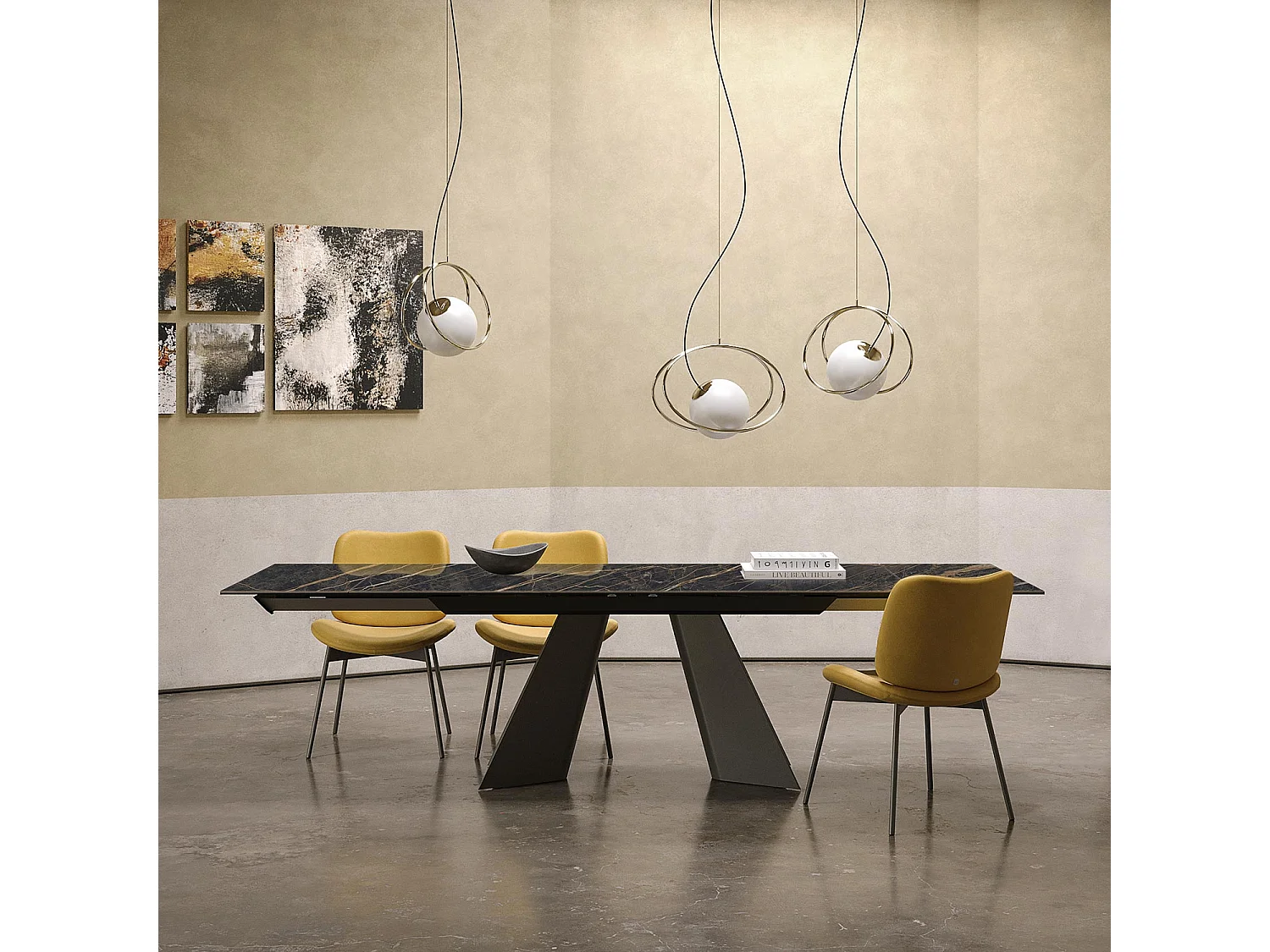 Table double extensible - gris charbon, rectangulaire avec bord régulier, dessus en porcelaine portoro brillant