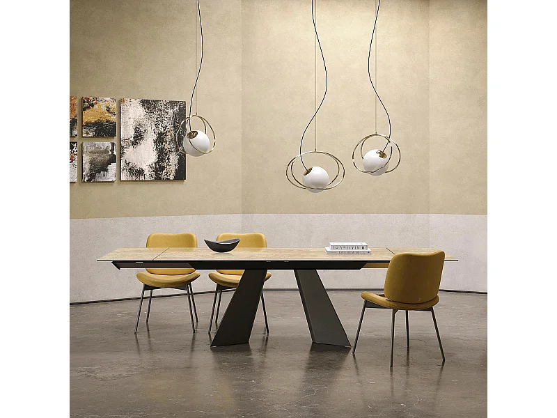 Table double travertin extensible - gris charbon, rectangulaire avec bord régulier, grès travertin beige