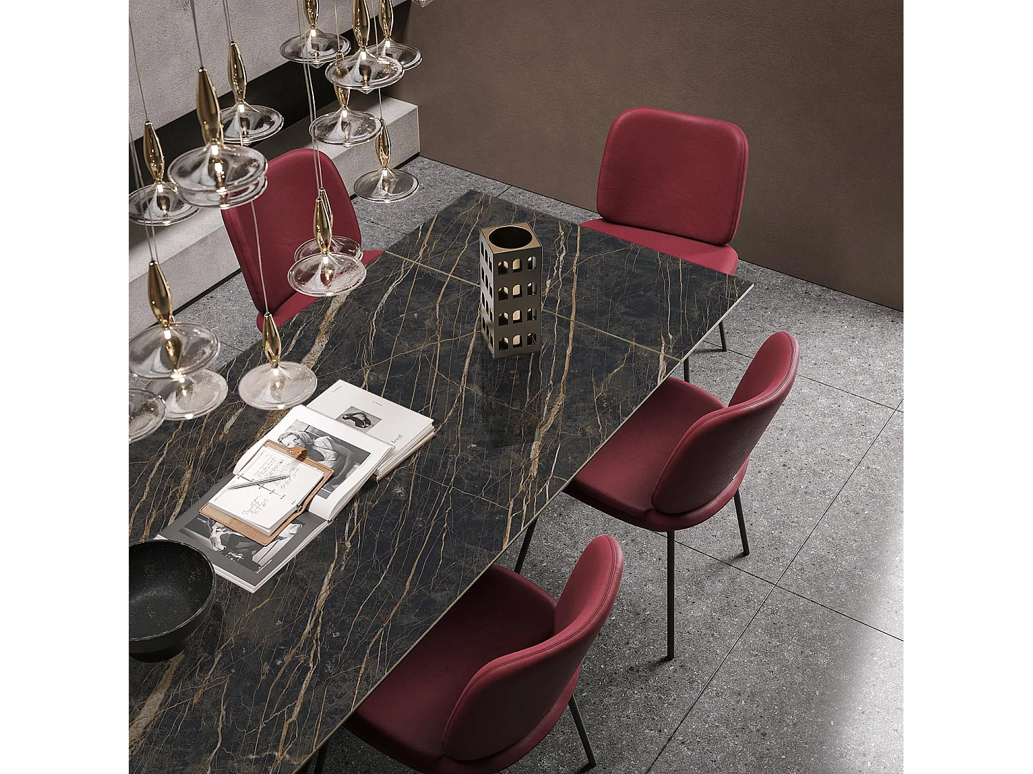 Table extensible à ruban - gris charbon, rectangulaire avec bord régulier, dessus en porcelaine portoro polie