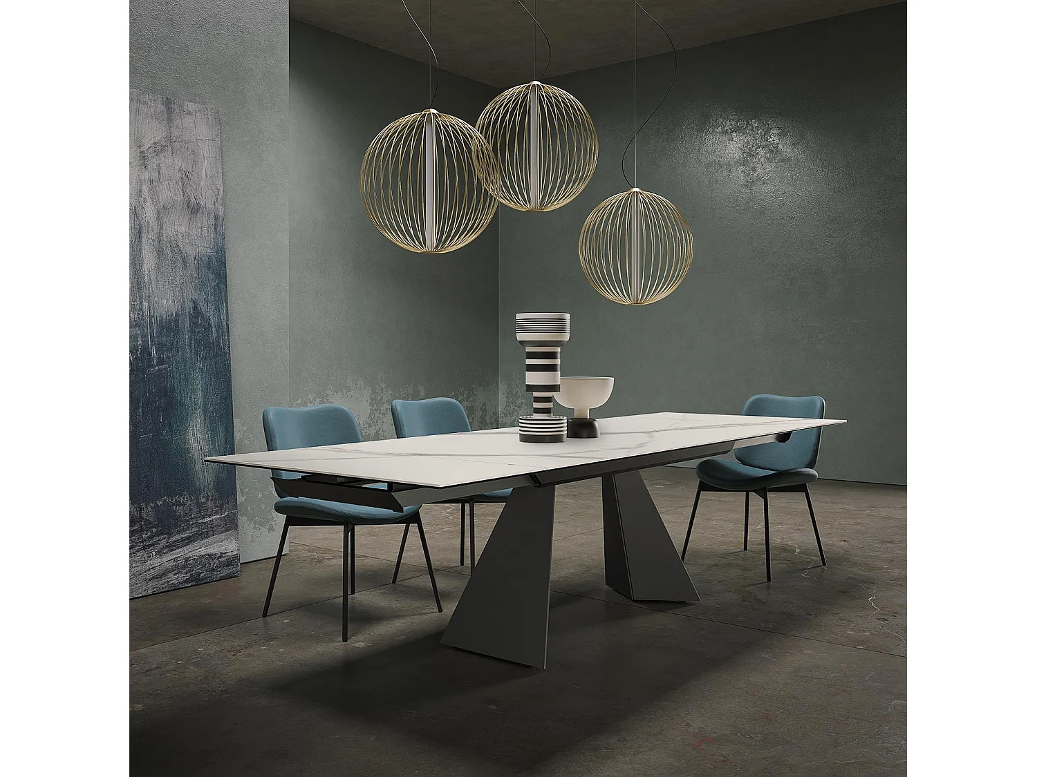 Table extensible prisma - gris charbon, rectangulaire avec bord régulier, plateau en grès porcel. statuaires très élevées