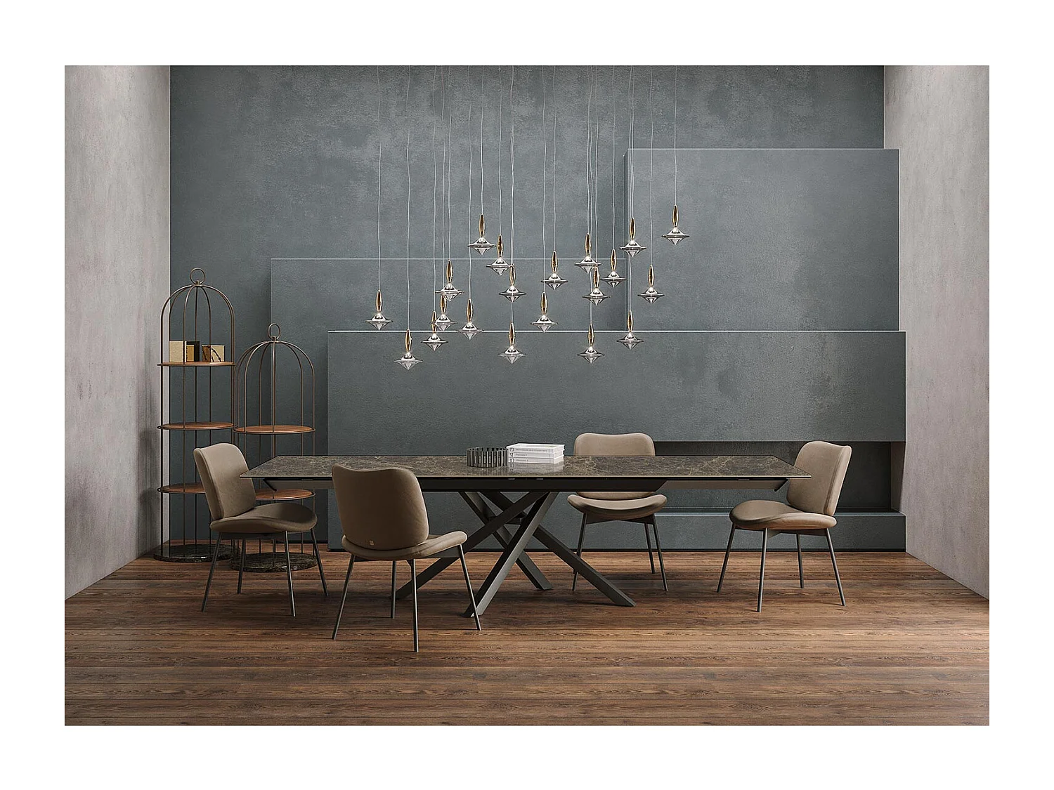 Table extensible rotative - gris charbon, rectangulaire avec bord régulier, plateau en porcelaine emperador